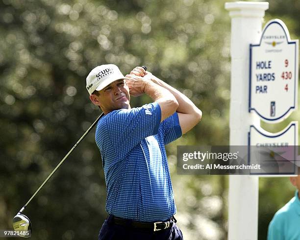 Lee Janzen follows through on a tee shot on the ninth hole at the Chrysler Championship, Friday, October 31, 2003 at Palm Harbor, Florida.