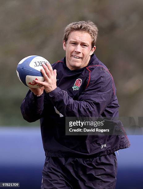 Jonny Wilkinson catches the ball during the England training session held at Pennyhill Park on March 17, 2010 in Bagshot, England.