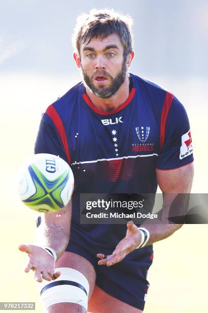 Geoff Parling of the Rebels accepts a pass during a Melbourne Rebels Super Rugby training session at Gosch's Paddock on June 19, 2018 in Melbourne,...