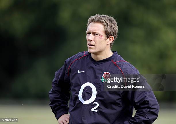 Jonny Wilkinson looks on during the England training session held at Pennyhill Park on March 17, 2010 in Bagshot, England.