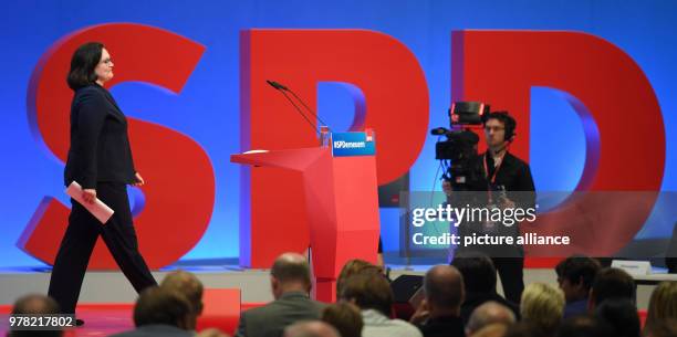 April 2018, Germany, Wiesbaden: Andrea Nahles, SPD Bundestag group leader, on stage at the extraordiinary party conference of the Sozialdemokratische...