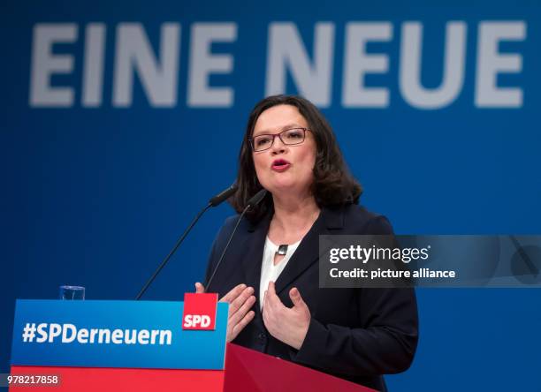 April 2018, Germany, Wiesbaden: Andrea Nahles, SPD Bundestag group leader, speaking at the extraordiinary party conference of the Sozialdemokratische...