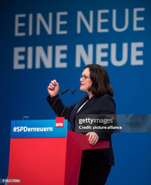 April 2018, Germany, Wiesbaden: Andrea Nahles, SPD Bundestag group leader, speaking at the extraordiinary party conference of the Sozialdemokratische...