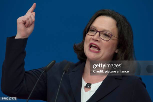 April 2018, Germany, Wiesbaden: Andrea Nahles, SPD Bundestag group leader, speaking at the extraordiinary party conference of the Sozialdemokratische...