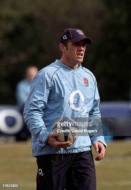 Brian Smith, the England backs coach looks on during the England training session held at Pennyhill Park on March 17, 2010 in Bagshot, England.