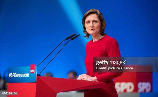 Simone Lange, mayor of Flensburg, speaks at the extraordiinary party conference of the Social Democratic Party Conference , in Wiesbaden, Germany, 22...