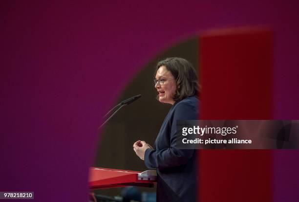 April 2018, Germany, Wiesbaden: Andrea Nahles, SPD Bundestag group leader, speaking at the extraordiinary party conference of the Sozialdemokratische...