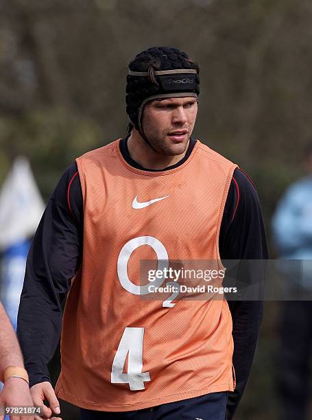 Tom Palmer looks on during the England training session held at Pennyhill Park on March 17, 2010 in Bagshot, England.