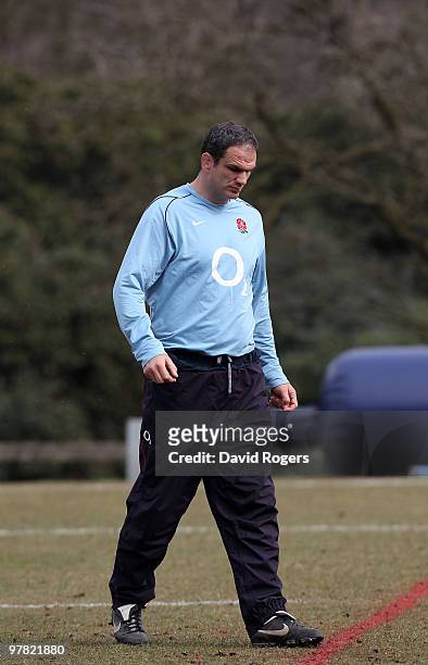 Martin Johnson, the England head coach looks on during the England training session held at Pennyhill Park on March 17, 2010 in Bagshot, England.