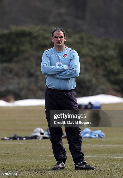 Martin Johnson, the England head coach looks on during the England training session held at Pennyhill Park on March 17, 2010 in Bagshot, England.