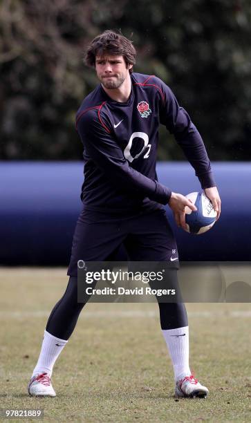 Ben Foden passes the ball during the England training session held at Pennyhill Park on March 17, 2010 in Bagshot, England.