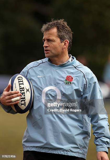 Jon Callard, the England kicking coach looks on during the England training session held at Pennyhill Park on March 17, 2010 in Bagshot, England.