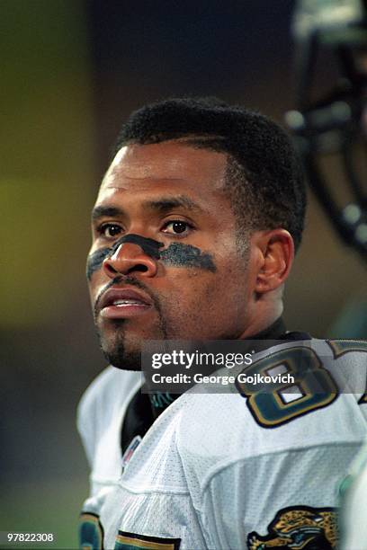Wide receiver Keenan McCardell of the Jacksonville Jaguars looks on from the sideline during a game against the Pittsburgh Steelers at Three Rivers...
