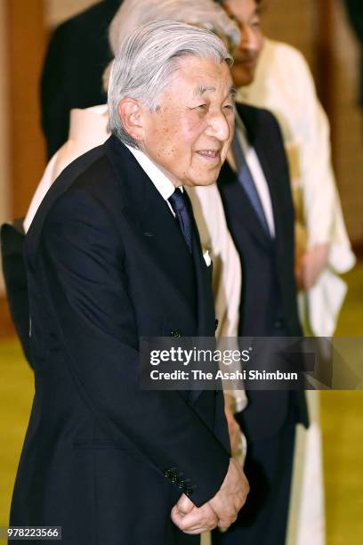 Emperor Akihito and Empress Michiko invite Japan Art Academy Award laureates to the tea party at the Imperial Palace on June 18, 2018 in Tokyo, Japan.