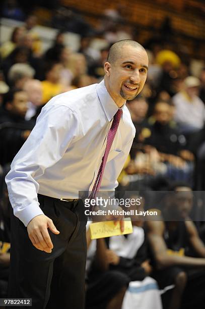 Shaka Smart, head coach of the V.C.U. Rams, looks on during the College Basketball Invitational first round game against the George Washington...