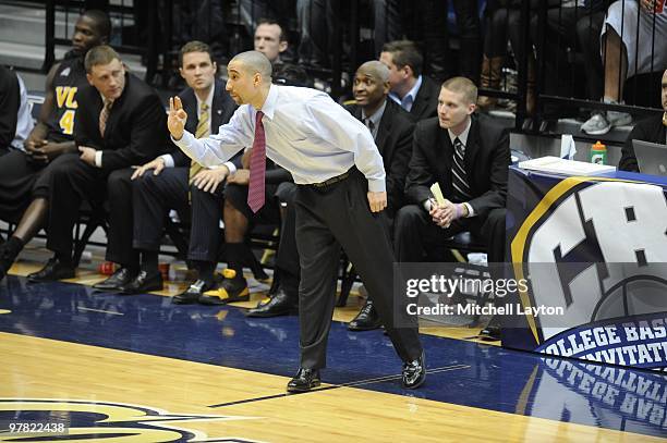 Shaka Smart, head coach of the V.C.U. Rams, looks on during the College Basketball Invitational first round game against the George Washington...