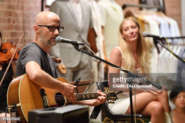 Moby and recording artist Julie Mintz perform at Sofar Sounds NYC at O.N.S Clothing on June 18, 2018 in New York City.