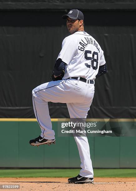 Armando Galarraga of the Detroit Tigers pitches against the Toronto Blue Jays during a spring training game at Joker Marchant Stadium on March 15,...