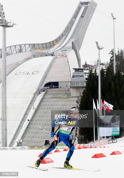 Simon Fourcade, France, skis to place 10th in the 10km sprint distance for men in the Holmenkollen WC biathlon event in Oslo on March 18, 2010. He is...