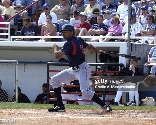 Cleveland Indians outfielder Coco Crisp looks for a hit against the Toronto Blue Jays in Dunedin, Florida, March 23, 2004.