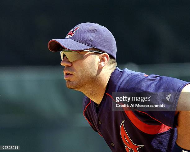 Cleveland Indians first baseman Travis Hafner waits for play against the Toronto Blue Jays in Dunedin, Florida, March 23, 2004.