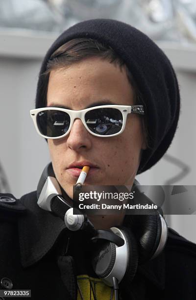 Samantha Ronson DJ's at a photocall to launch new mobile fashion room at Harvey Nichols on March 18, 2010 in London, England.