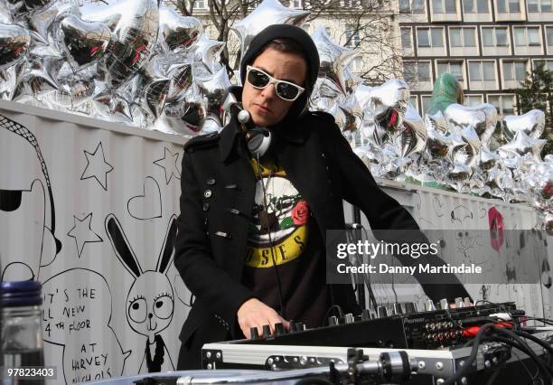 Samantha Ronson DJ's at a photocall to launch new mobile fashion room at Harvey Nichols on March 18, 2010 in London, England.