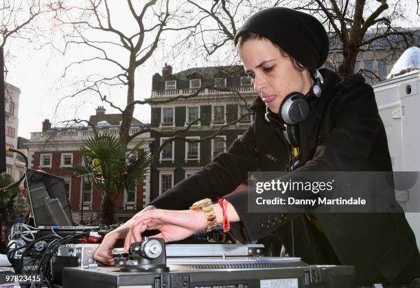 Samantha Ronson DJ's at a photocall to launch new mobile fashion room at Harvey Nichols on March 18, 2010 in London, England.