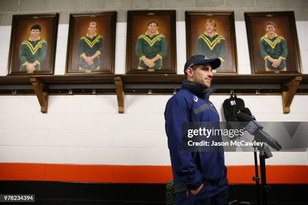 Bernard Foley speaks to the media during an Australian Wallabies training session at Leichhardt Oval on June 19, 2018 in Sydney, Australia.