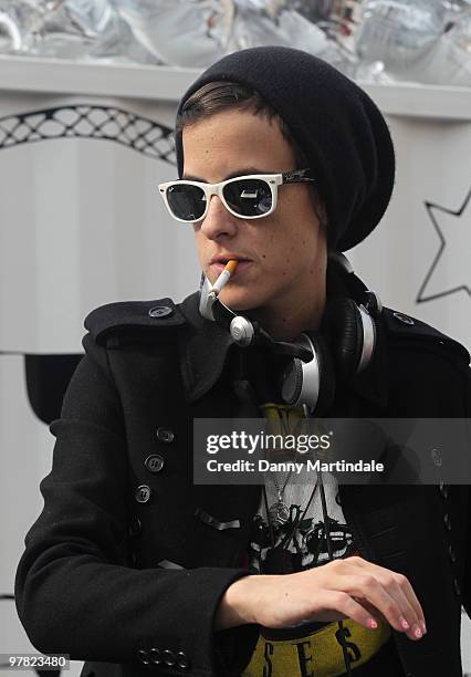 Samantha Ronson DJ's at a photocall to launch new mobile fashion room at Harvey Nichols on March 18, 2010 in London, England.