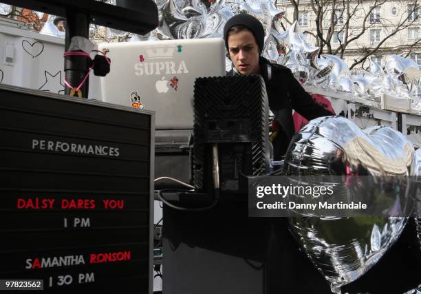 Samantha Ronson DJ's at a photocall to launch new mobile fashion room at Harvey Nichols on March 18, 2010 in London, England.