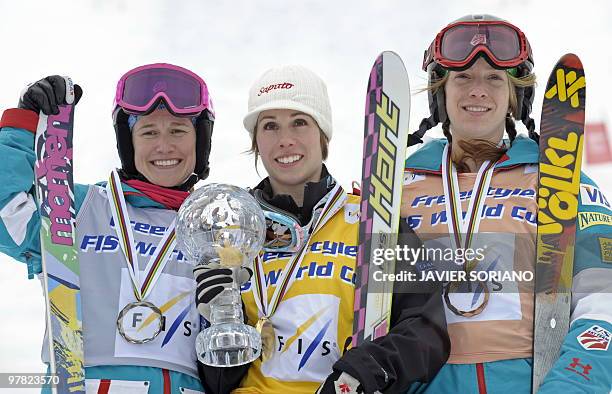 Canada's Jennifer Heil , US Hether Mcphie and US Hannah Kearny pose on the podium after women's Freestyle skiing World Cup Moguls at Sierra Nevada...