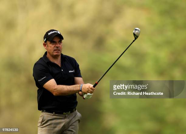 Paul McGinley of Ireland plays into the 18th green during the first round of the Hassan II Golf Trophy at Royal Golf Dar Es Salam on March 18, 2010...