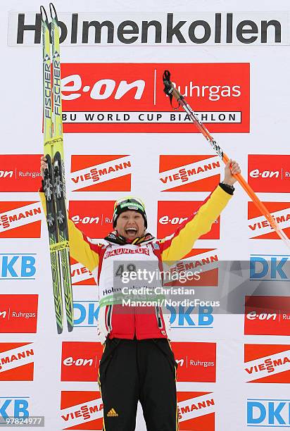 Simone Hauswald of Germany celebrates after winning the women's sprint in the E.On Ruhrgas IBU Biathlon World Cup on March 18, 2010 in Oslo, Norway.