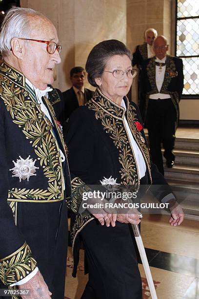 French Simone Veil, an Auschwitz survivor and the first elected president of the European parliament, flanked by French Academician Alain Decaux...