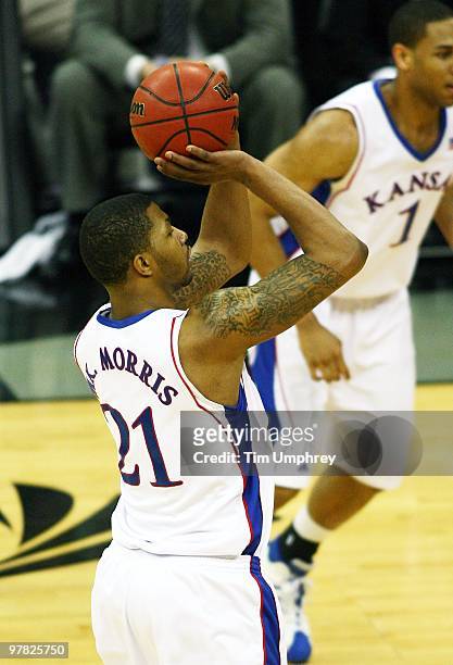 Markieff Morris of the Kansas Jayhawks shoots a jump shot against the Texas A&M Aggies during the semifinals of the 2010 Phillips 66 Big 12 Men's...