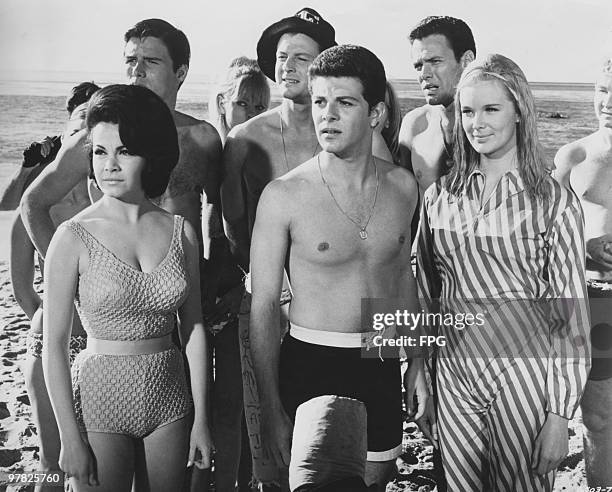 From left to right, Annette Funicello, Frankie Avalon and Linda Evans star in the film 'Beach Blanket Bingo', 1965. In the row behind is Jody McCrea.