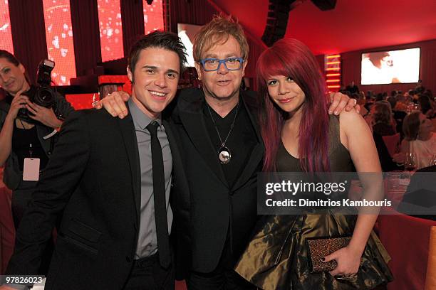 Singer Kris Allen, musician Sir Elton John, and singer Allison Iraheta attend the 18th Annual Elton John AIDS Foundation Oscar party held at Pacific...