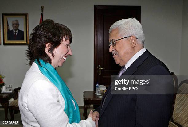 In this handout image supplied by the Palestinian Press Office , Palestinian President Mahmoud Abbas meets with Baroness Catherine Ashton, High...