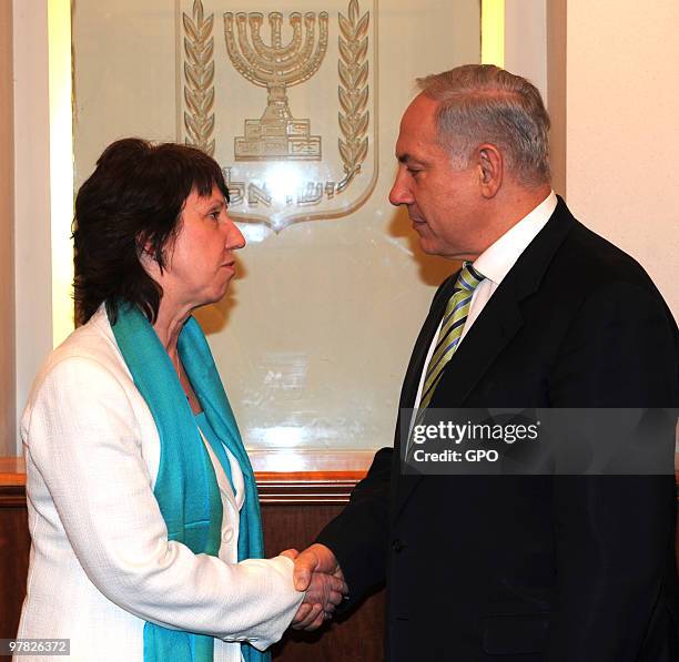 In this handout image supplied by the Israeli Government Press Office , Israel's Prime Minister Benjamin Netanyahu meets with Baroness Catherine...