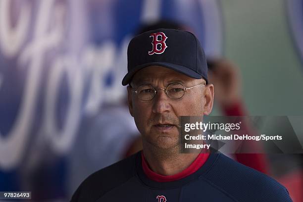 Manager Terry Francona of the Boston Red Sox during a game against the Pittsburgh Pirates at at City of Palms Park on March 13, 2010 in Fort Myers,...