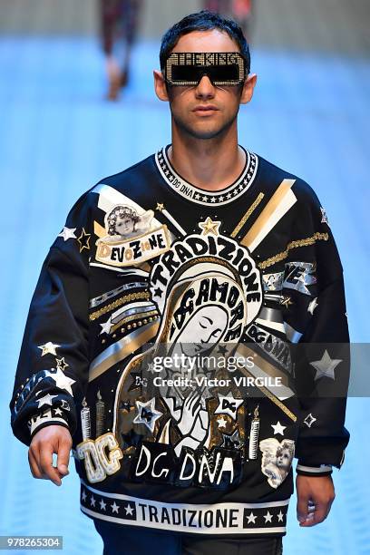 Model walks the runway at the Dolce & Gabbana show during Milan Men's Fashion Week Spring/Summer 2019 on June 16, 2018 in Milan, Italy.