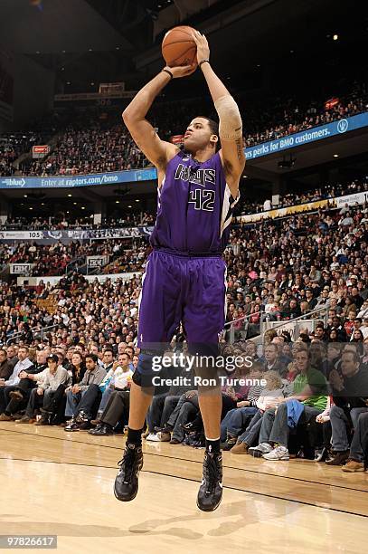 Sean May of the Sacramento Kings shoots against the Toronto Raptors during the game on February 7, 2010 at Air Canada Centre in Toronto, Canada. The...