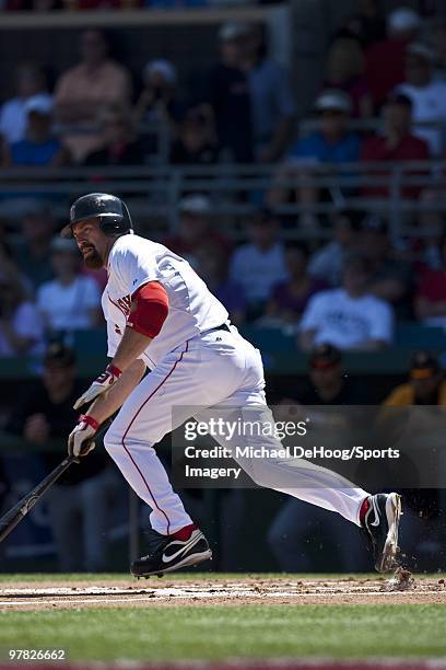 Kevin Youkilis of the Boston Red Sox bats during a game against the Pittsburgh Pirates at at City of Palms Park on March 13, 2010 in Fort Myers,...