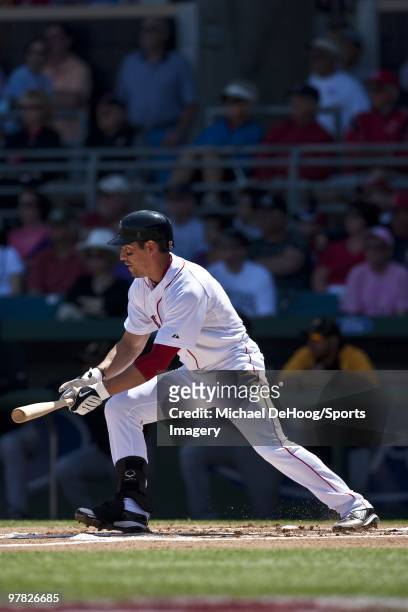 Jacoby Ellsbury of the Boston Red Sox bats during a game against the Pittsburgh Pirates at at City of Palms Park on March 13, 2010 in Fort Myers,...