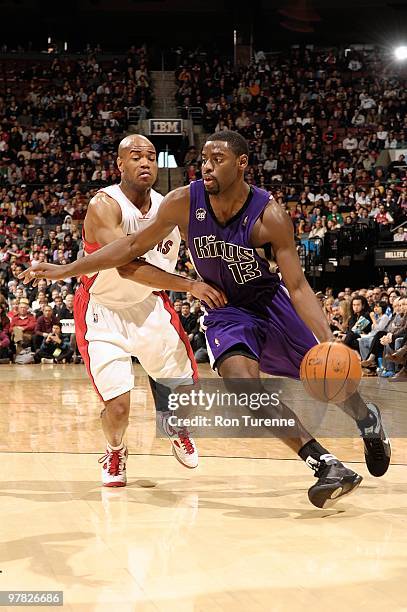 Tyreke Evans of the Sacramento Kings drives against Jarrett Jack of the Toronto Raptors during the game on February 7, 2010 at Air Canada Centre in...