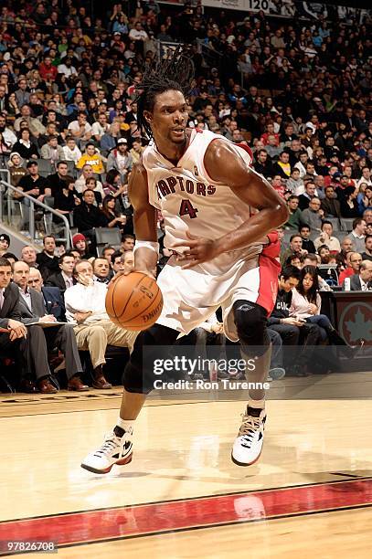 Chris Bosh of the Toronto Raptors drives against the Sacramento Kings during the game on February 7, 2010 at Air Canada Centre in Toronto, Canada....