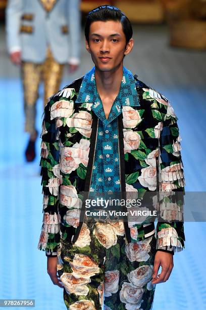 Model walks the runway at the Dolce & Gabbana show during Milan Men's Fashion Week Spring/Summer 2019 on June 16, 2018 in Milan, Italy.