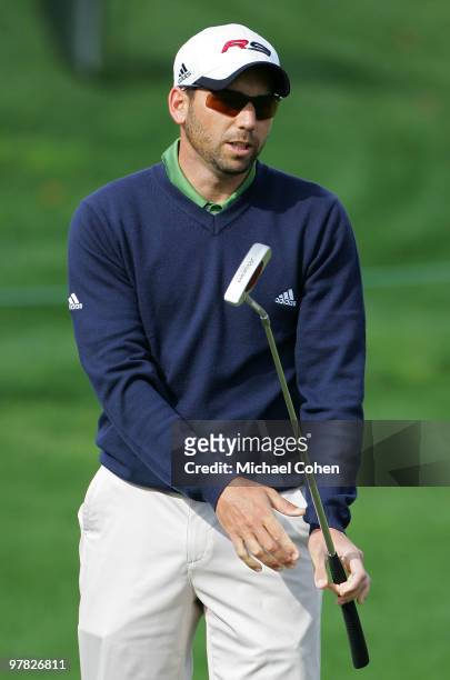 Sergio Garcia of Spain reacts to a missed putt during the first round of the Transitions Championship at the Innisbrook Resort and Golf Club held on...