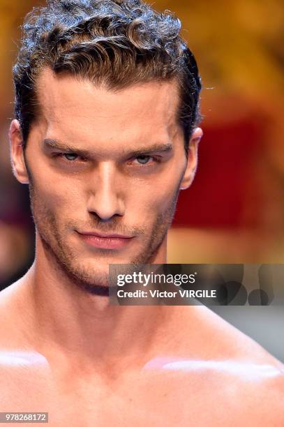 Model walks the runway at the Dolce & Gabbana show during Milan Men's Fashion Week Spring/Summer 2019 on June 16, 2018 in Milan, Italy.